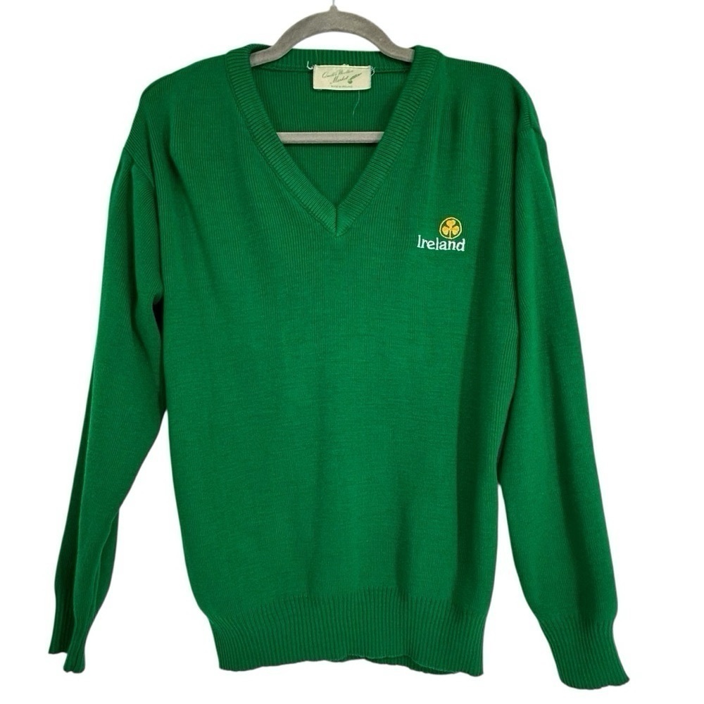 Vintage Quill’s Woollen Market Irish V-Neck Wool Sweater Emerald Green 46”